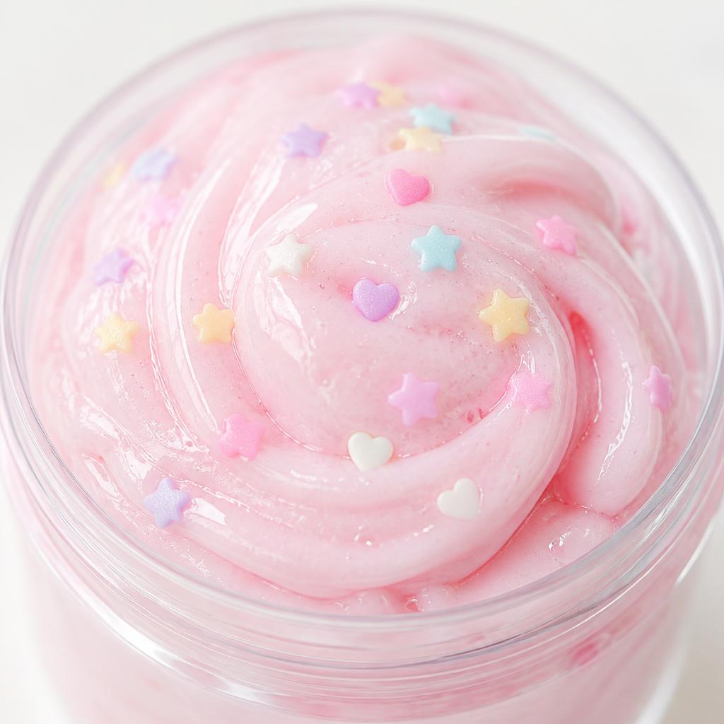 Close-up of pale pink slime with pastel sprinkles in a glass jar